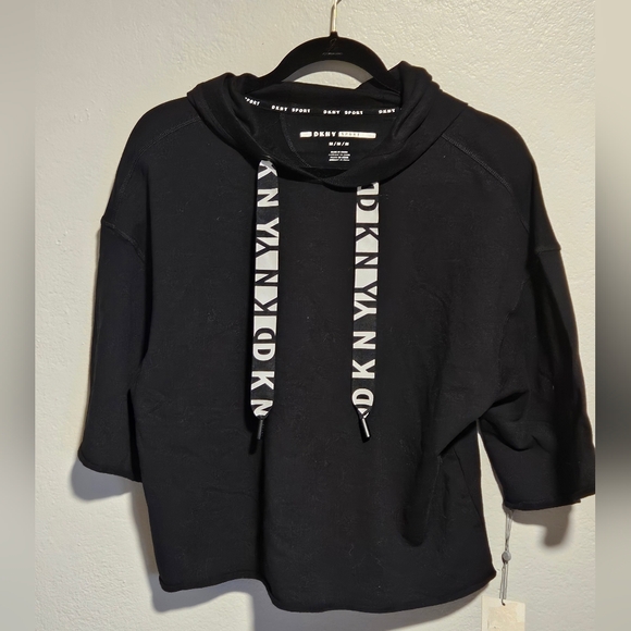 DKNY Black Cropped Hoodie with Logo Drawstrings - Picture 3 of 13
